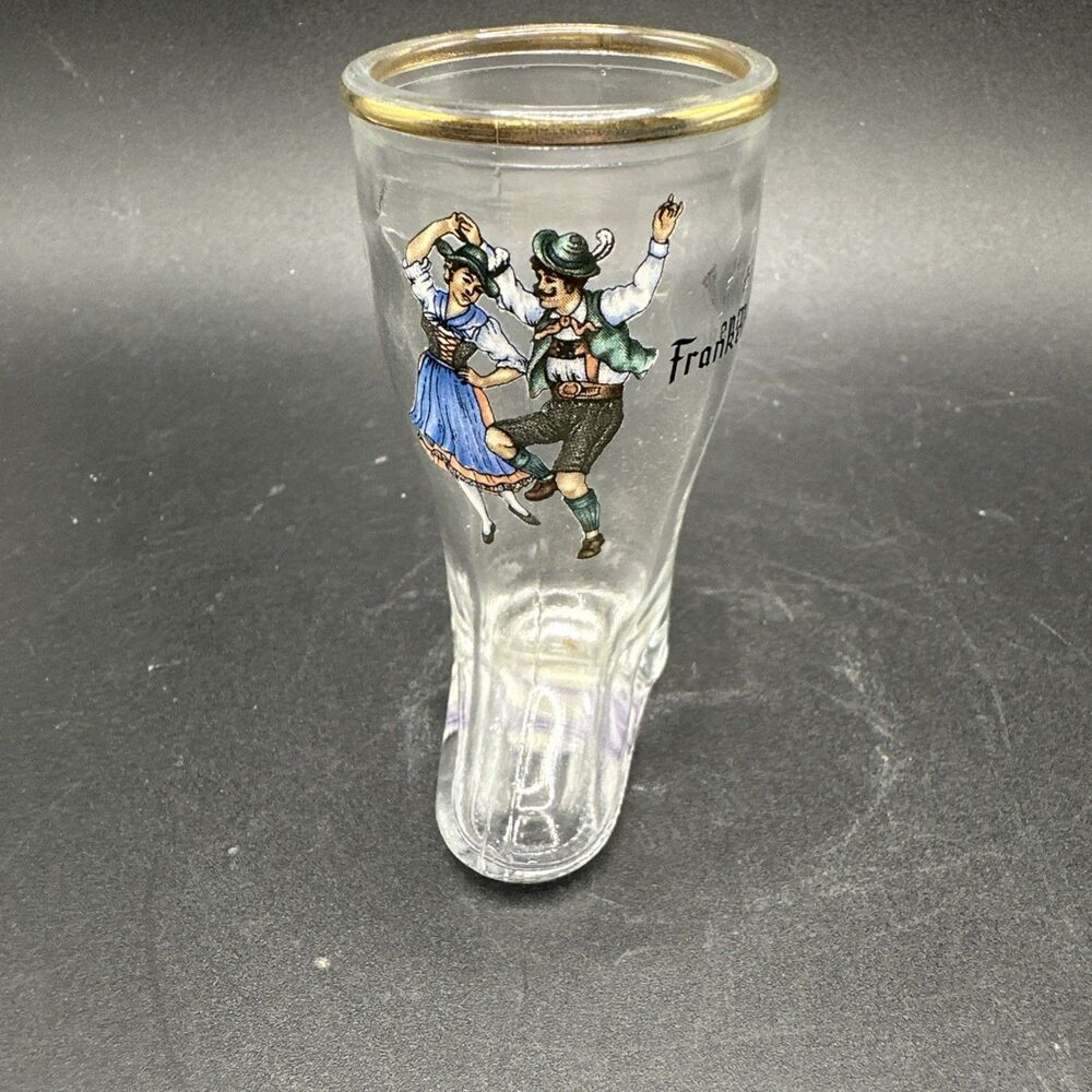 Frankenmuth Germany Gold Tone Rim Clear Shot Glass Boot Souvenir Bavaria